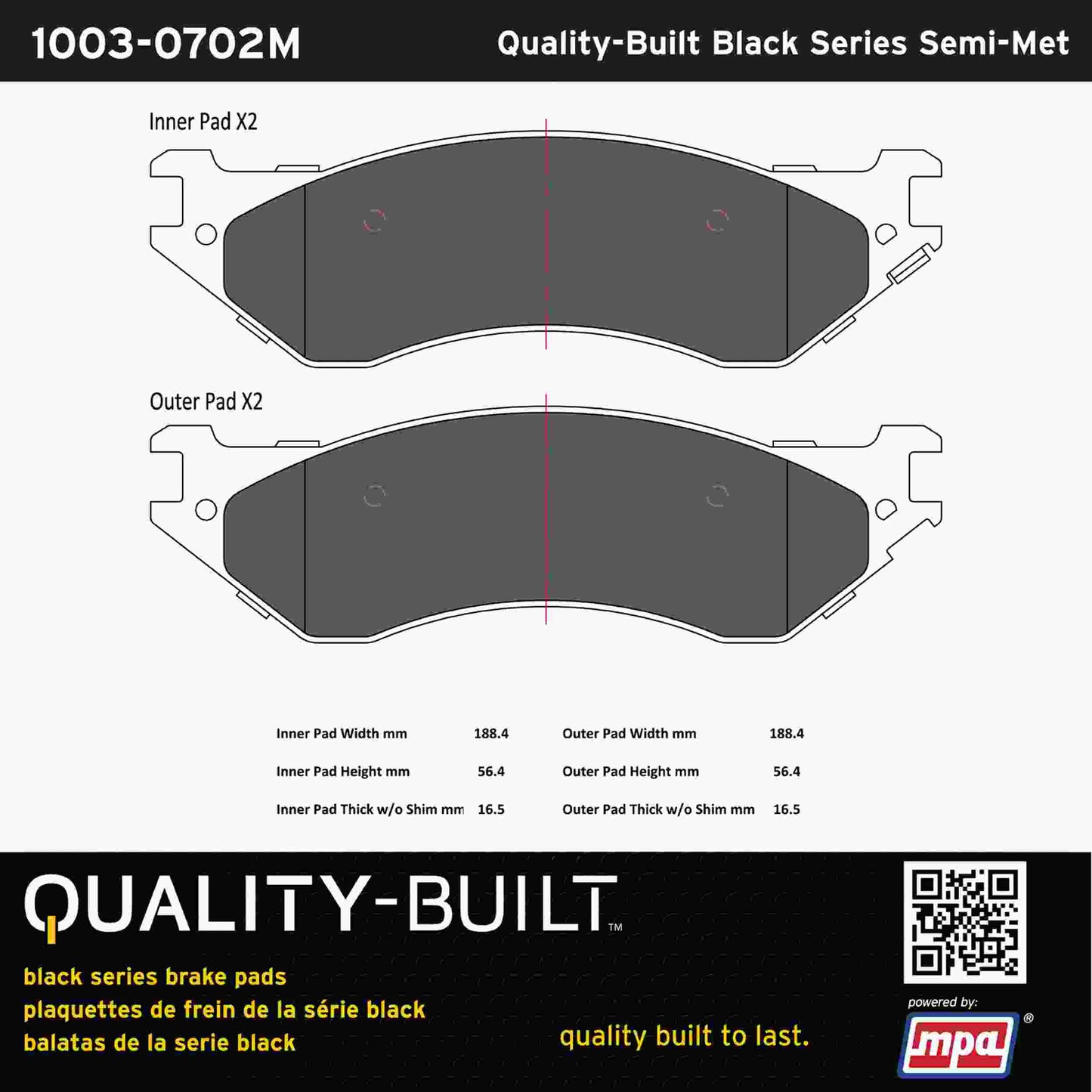 Quality-Built Black Series Semi-Metallic Brake Pads 1003-0702M