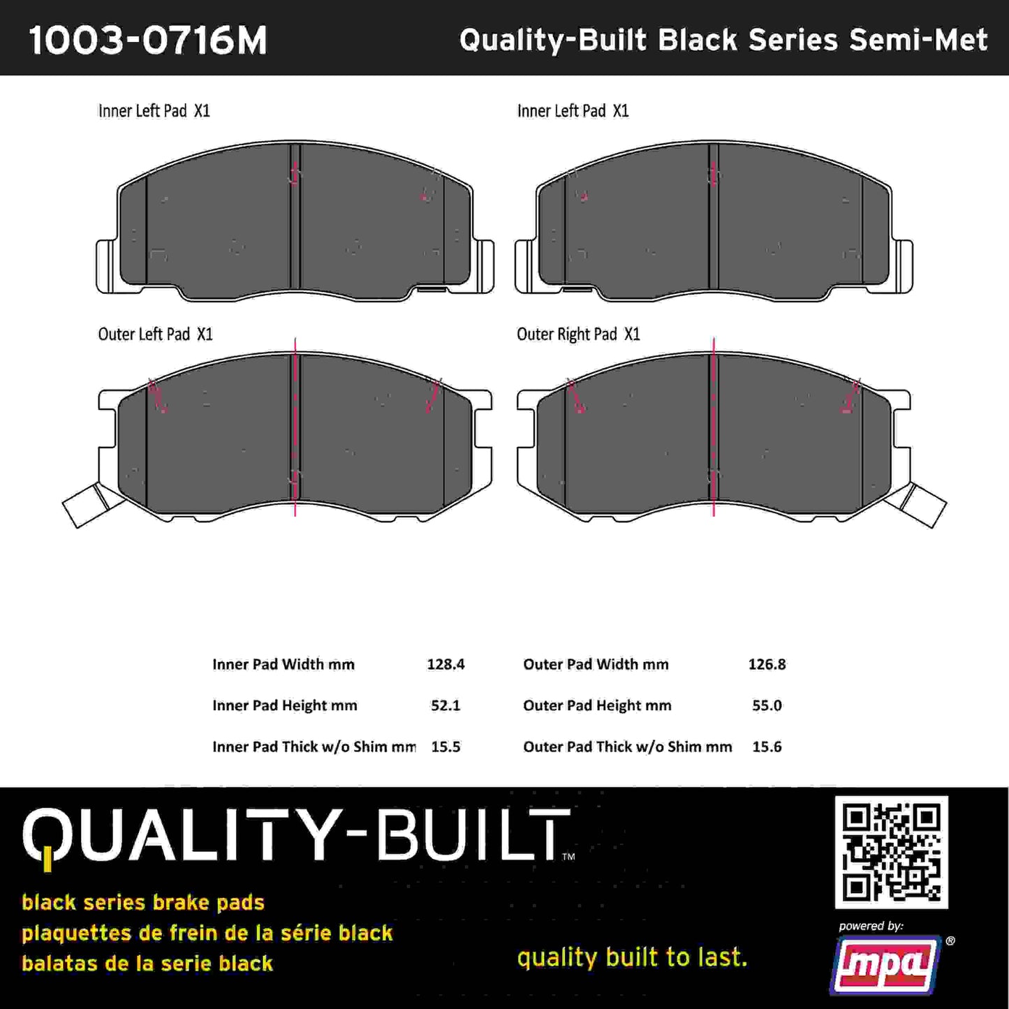 Quality-Built Black Series Semi-Metallic Brake Pads 1003-0716M