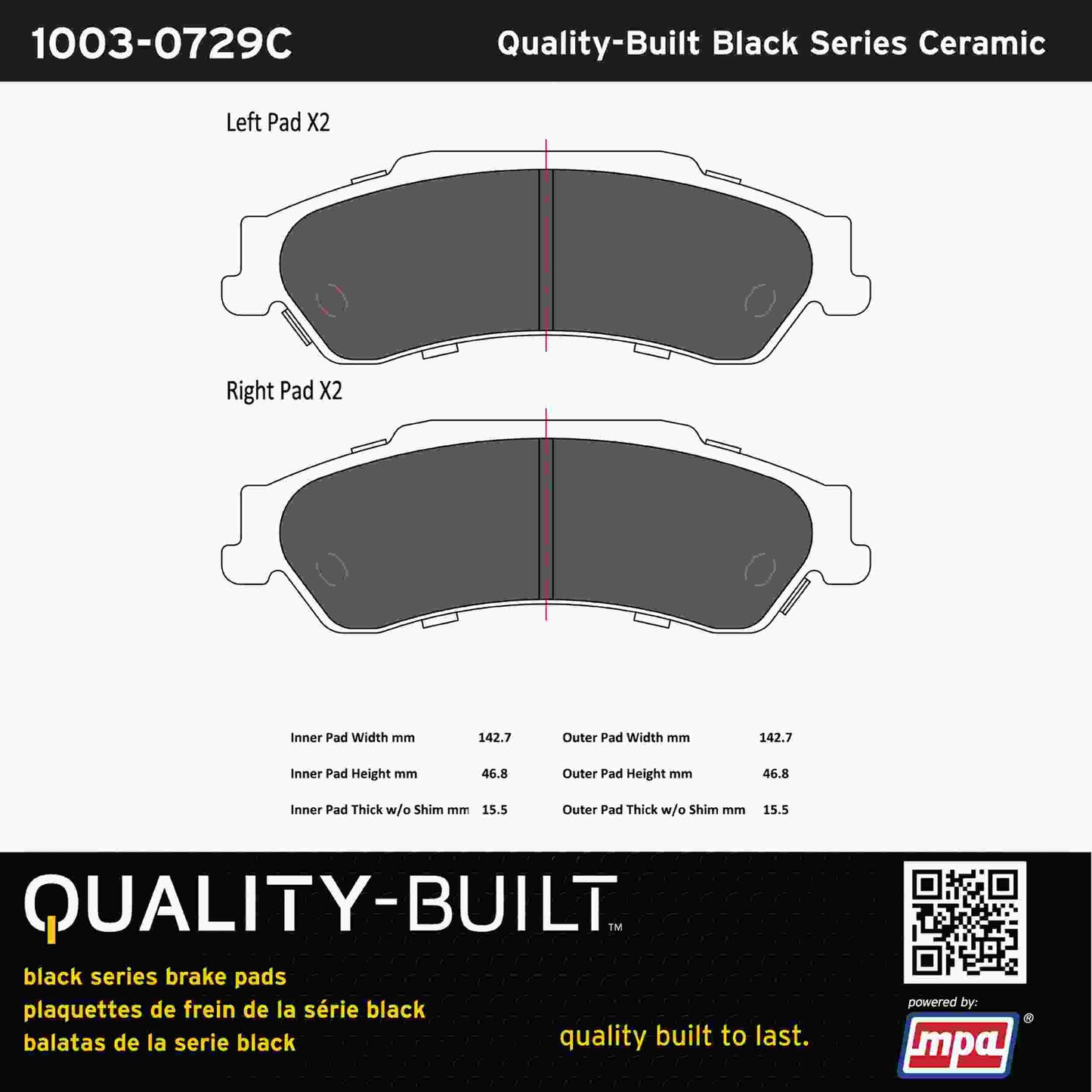 Quality-Built Black Series Ceramic Brake Pads 1003-0729C