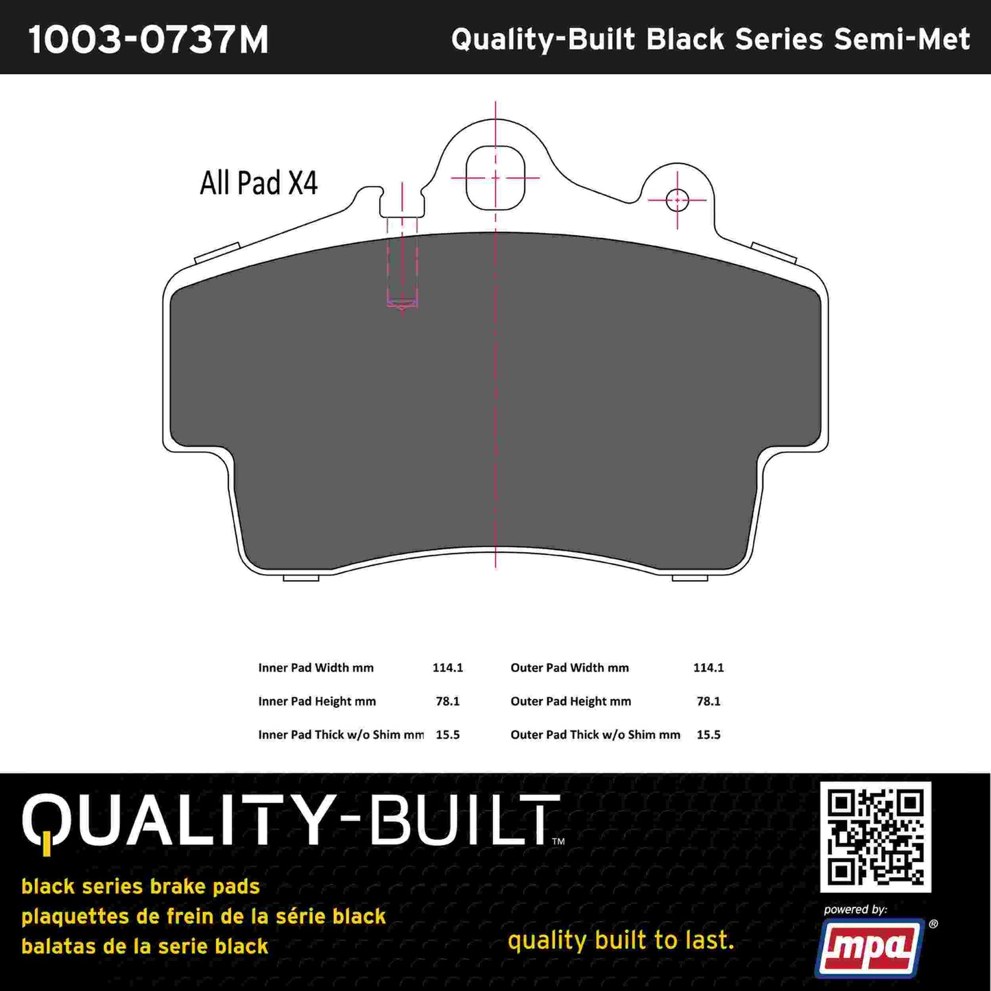 Quality-Built Black Series Semi-Metallic Brake Pads 1003-0737M