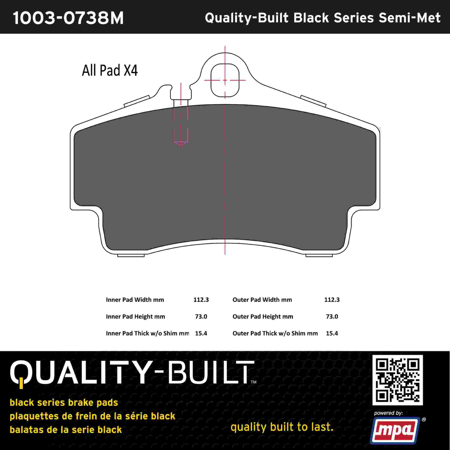 Quality-Built Black Series Semi-Metallic Brake Pads 1003-0738M