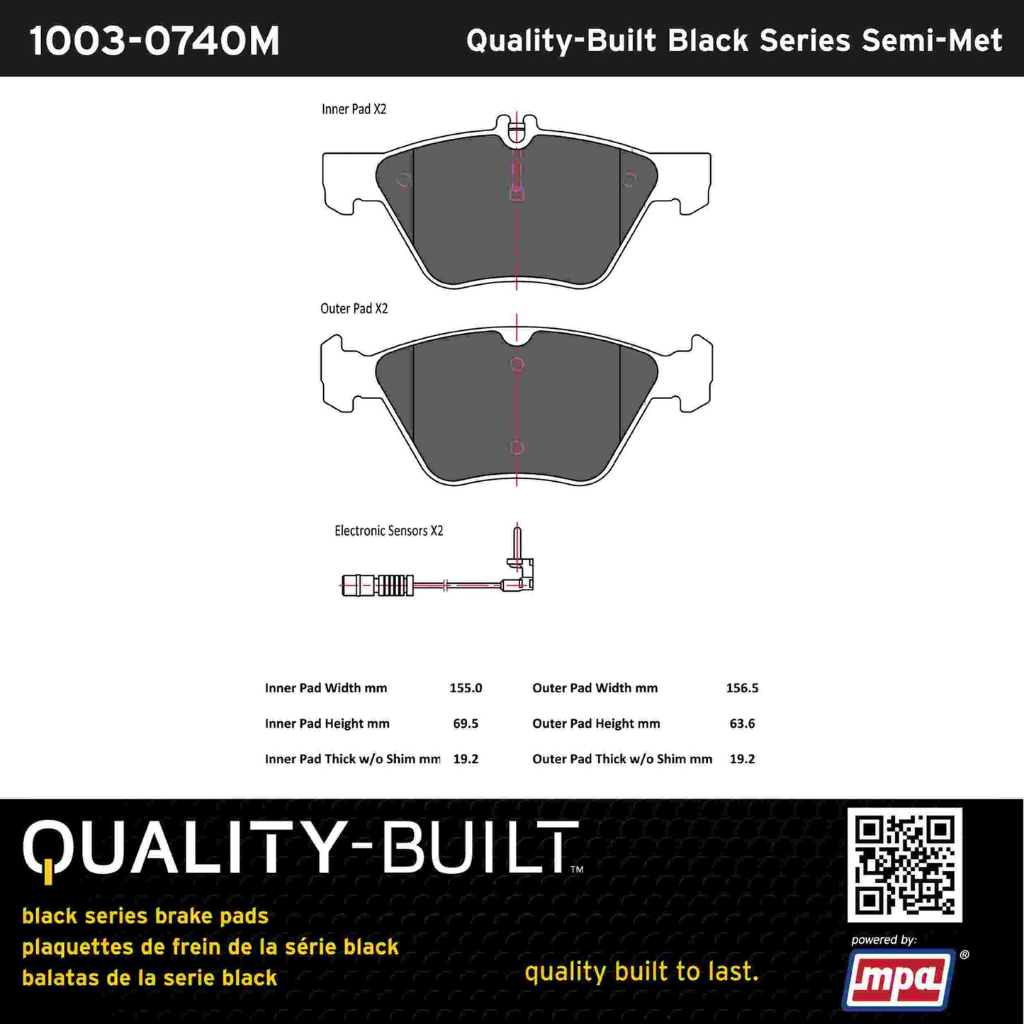 Quality-Built Black Series Semi-Metallic Brake Pads 1003-0740M