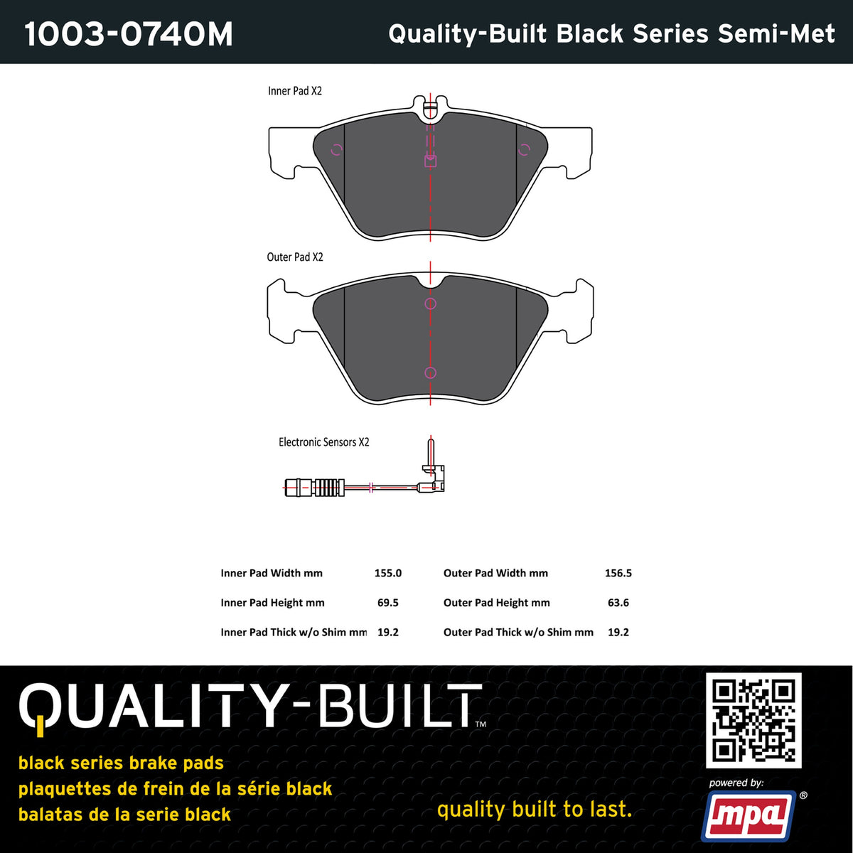 Quality-Built Black Series Semi-Metallic Brake Pads 1003-0740M