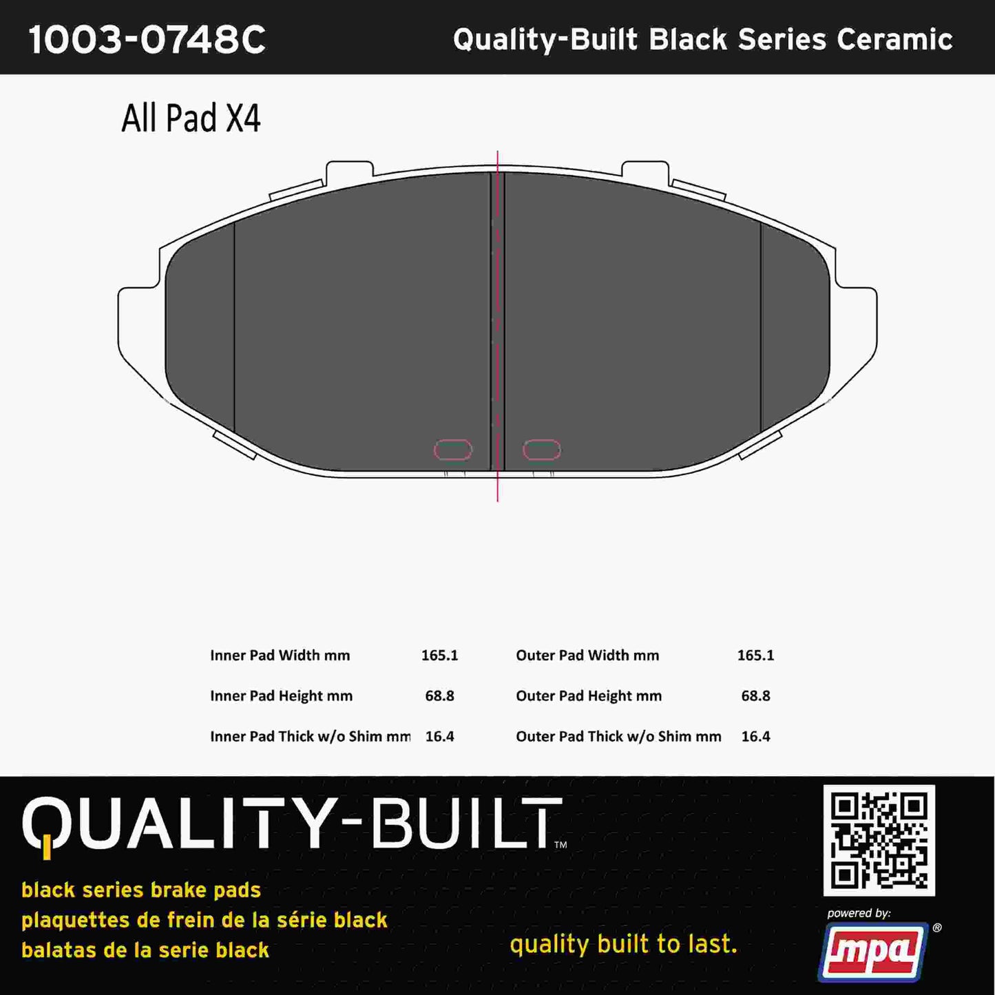 Quality-Built Black Series Ceramic Brake Pads 1003-0748C