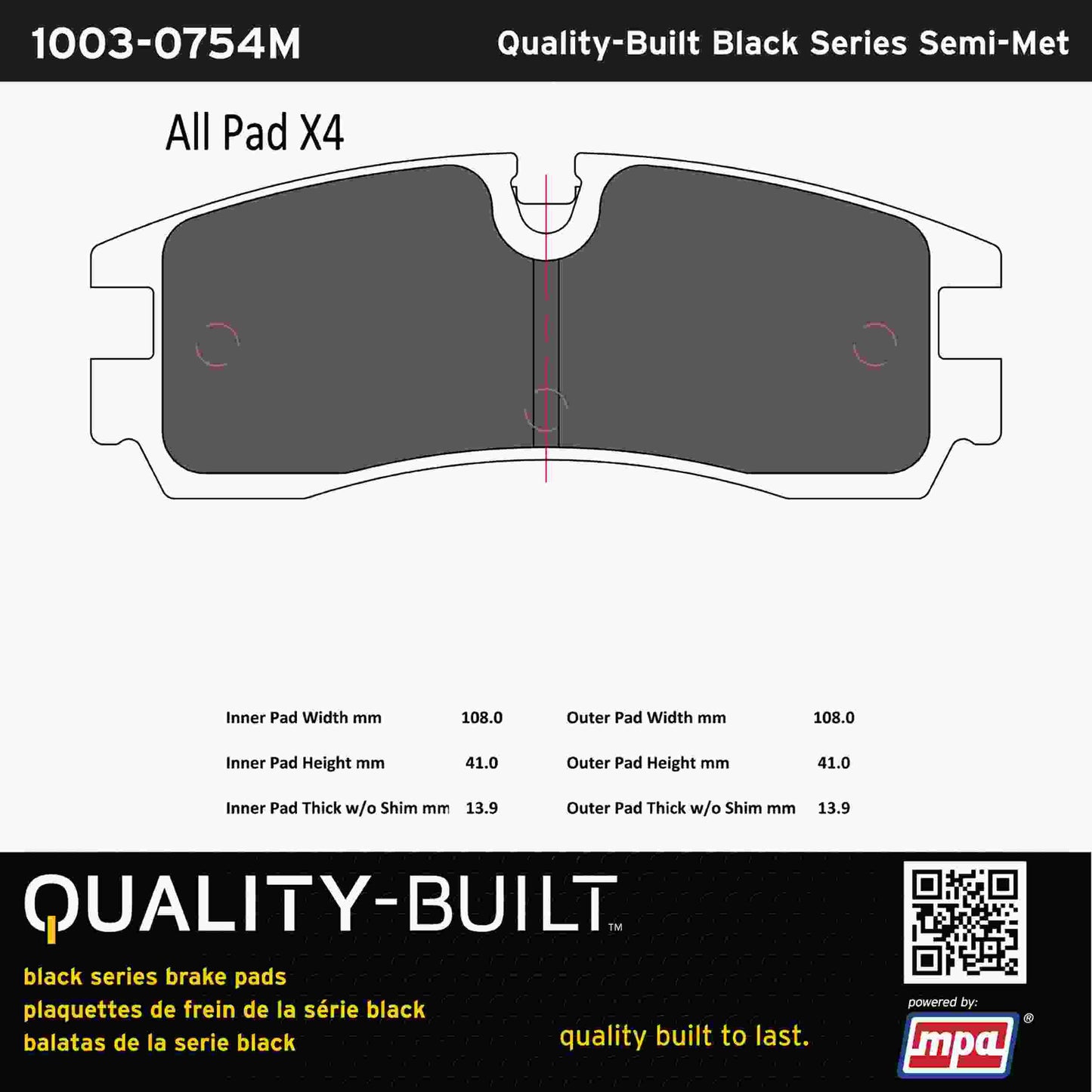 Quality-Built Black Series Semi-Metallic Brake Pads 1003-0754M