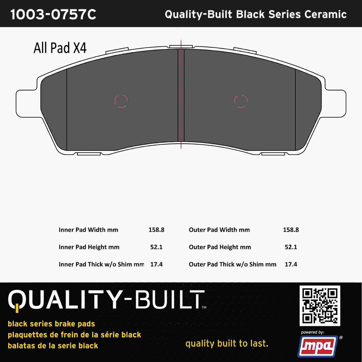 Quality-Built Black Series Ceramic Brake Pads 1003-0757C