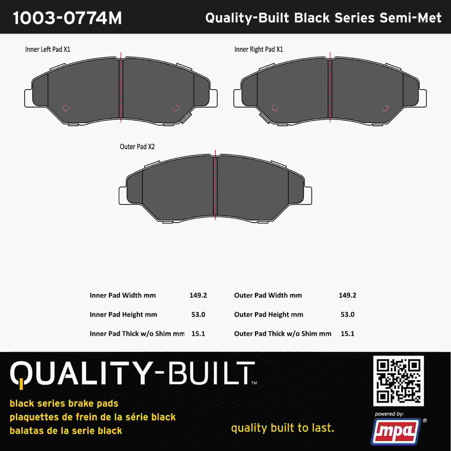 Quality-Built Black Series Semi-Metallic Brake Pads 1003-0774M