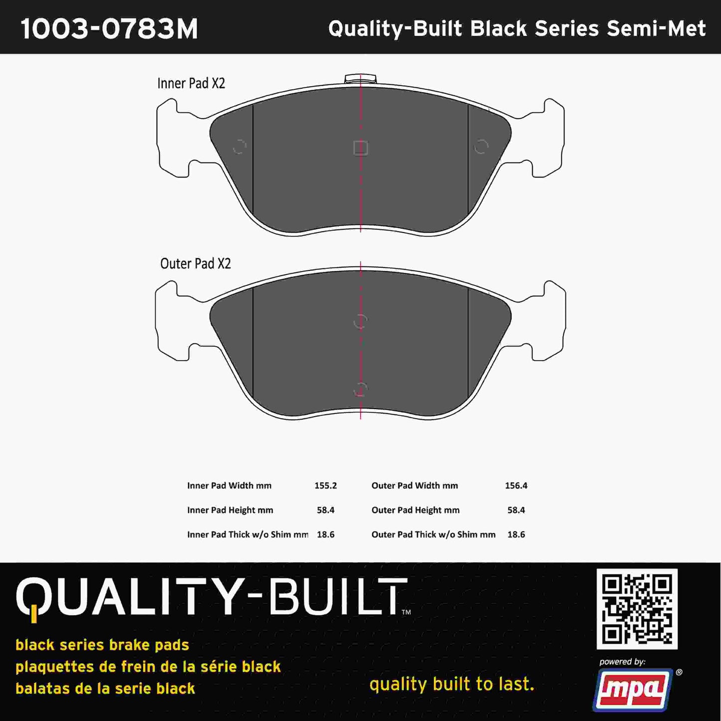 Quality-Built Black Series Semi-Metallic Brake Pads 1003-0783M