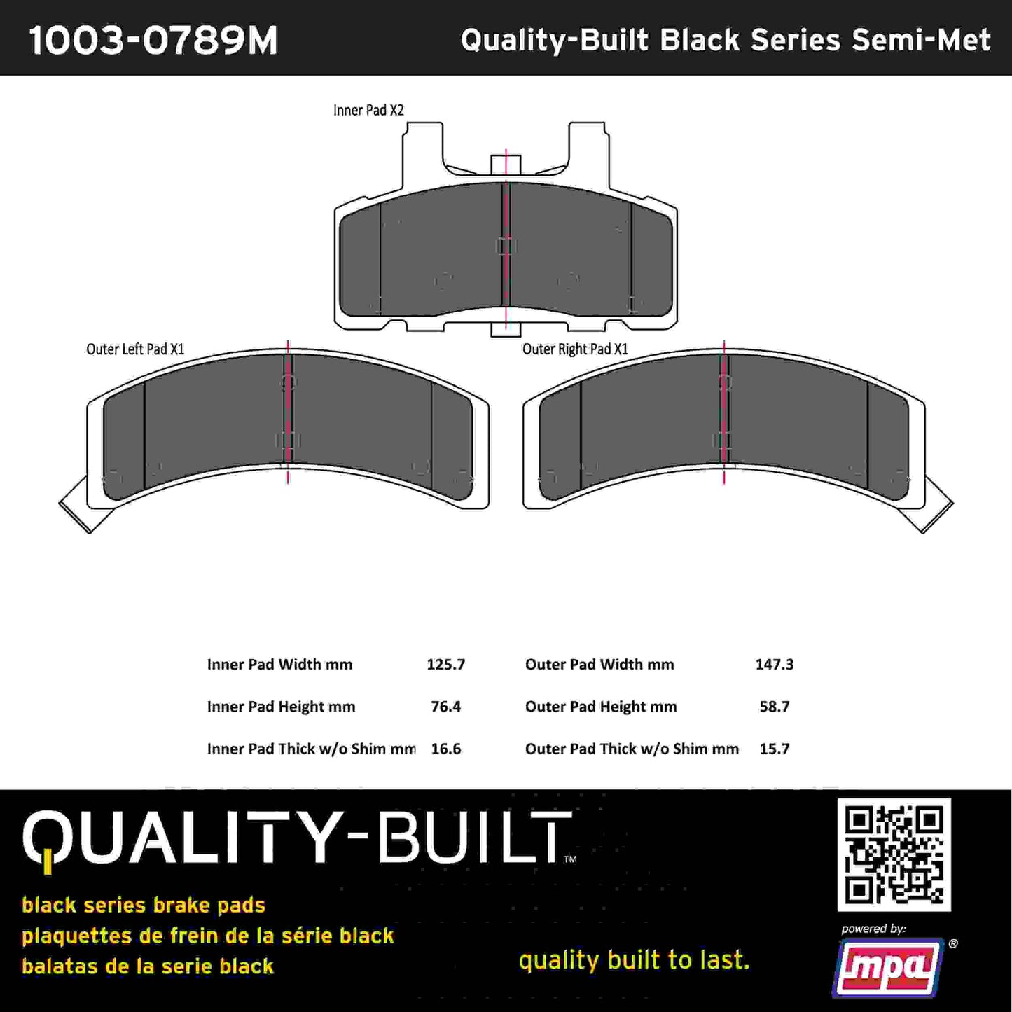 Quality-Built Black Series Semi-Metallic Brake Pads 1003-0789M