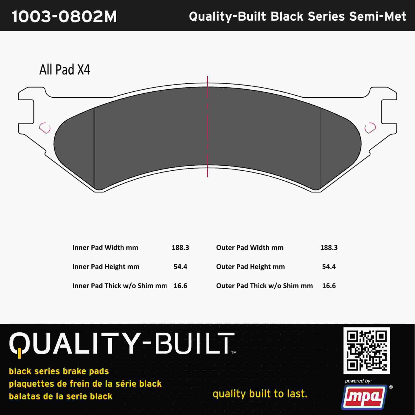 Quality-Built Black Series Semi-Metallic Brake Pads 1003-0802M