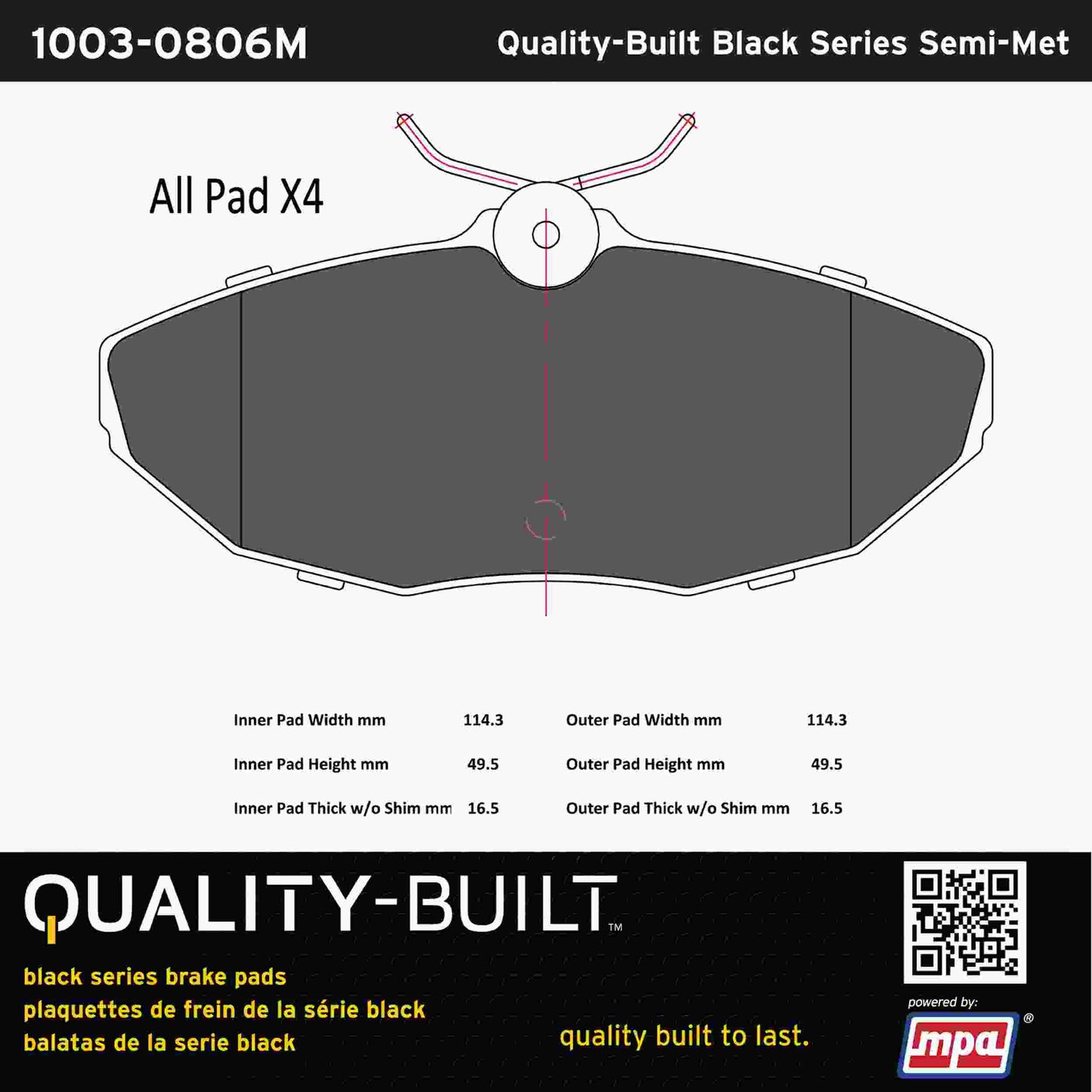Quality-Built Black Series Semi-Metallic Brake Pads 1003-0806M