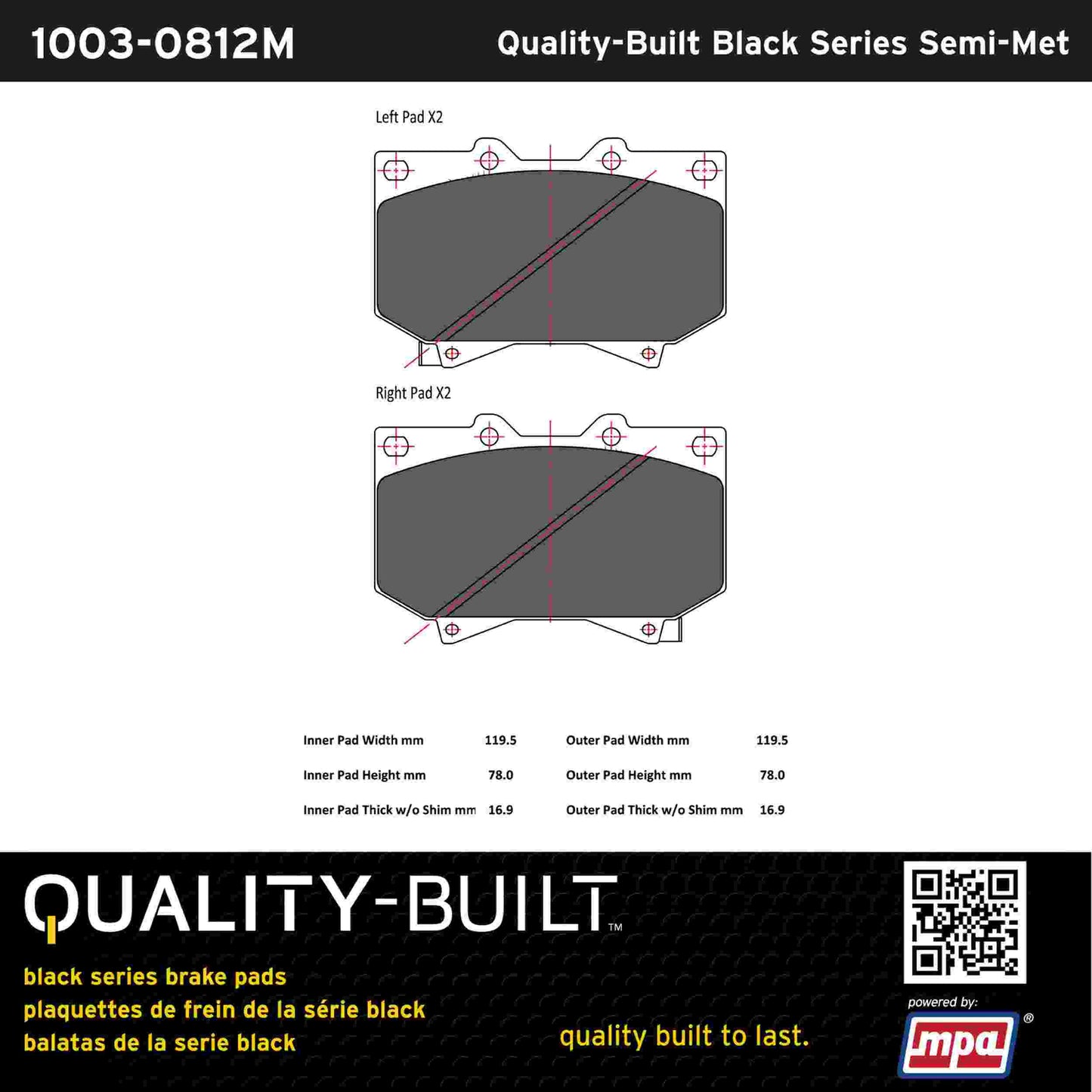 Quality-Built Black Series Semi-Metallic Brake Pads 1003-0812M
