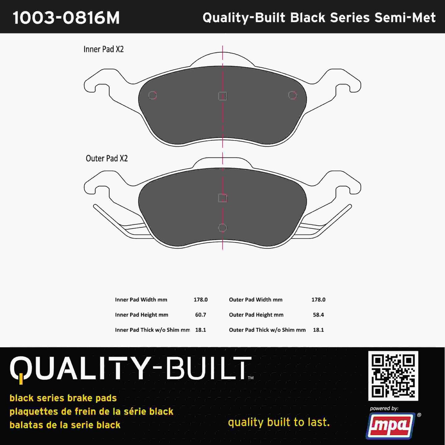Quality-Built Black Series Semi-Metallic Brake Pads 1003-0816M
