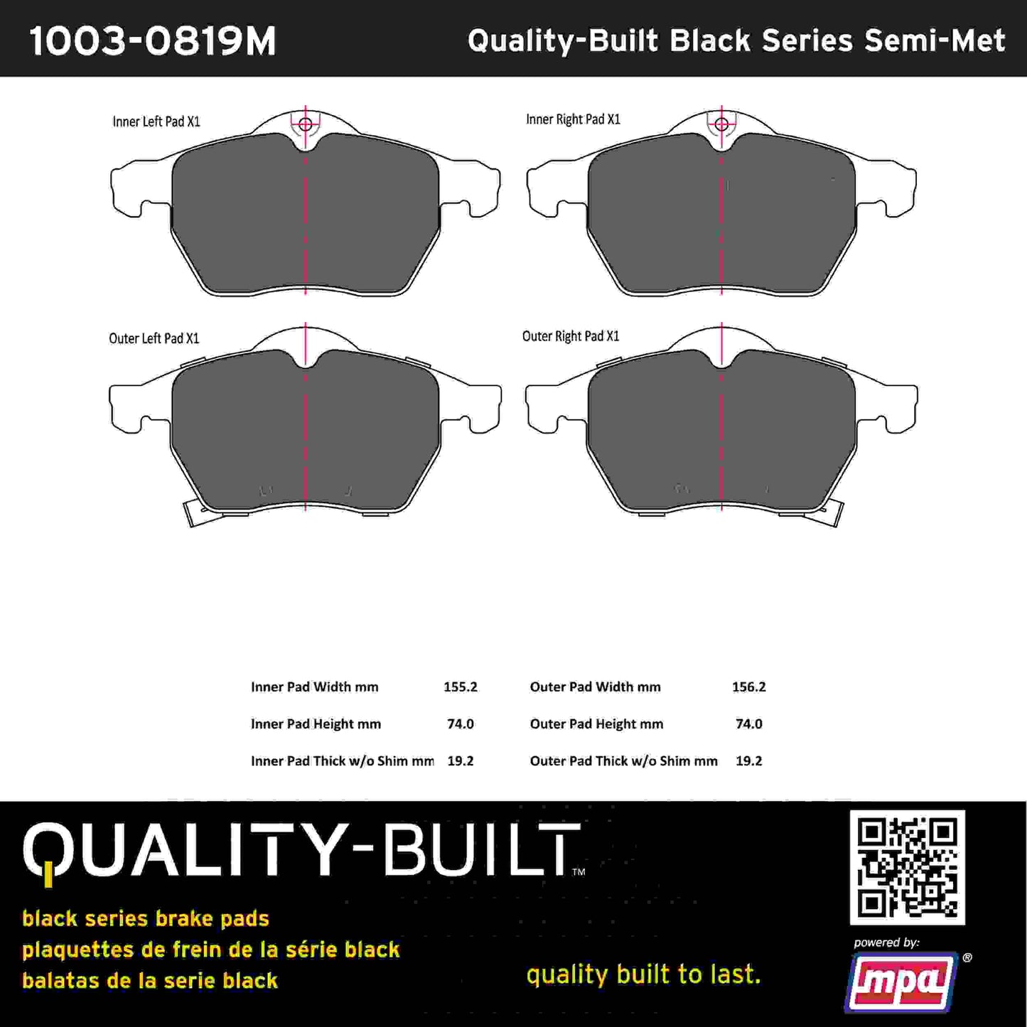 Quality-Built Black Series Semi-Metallic Brake Pads 1003-0819M