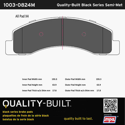 Quality-Built Black Series Semi-Metallic Brake Pads 1003-0824M
