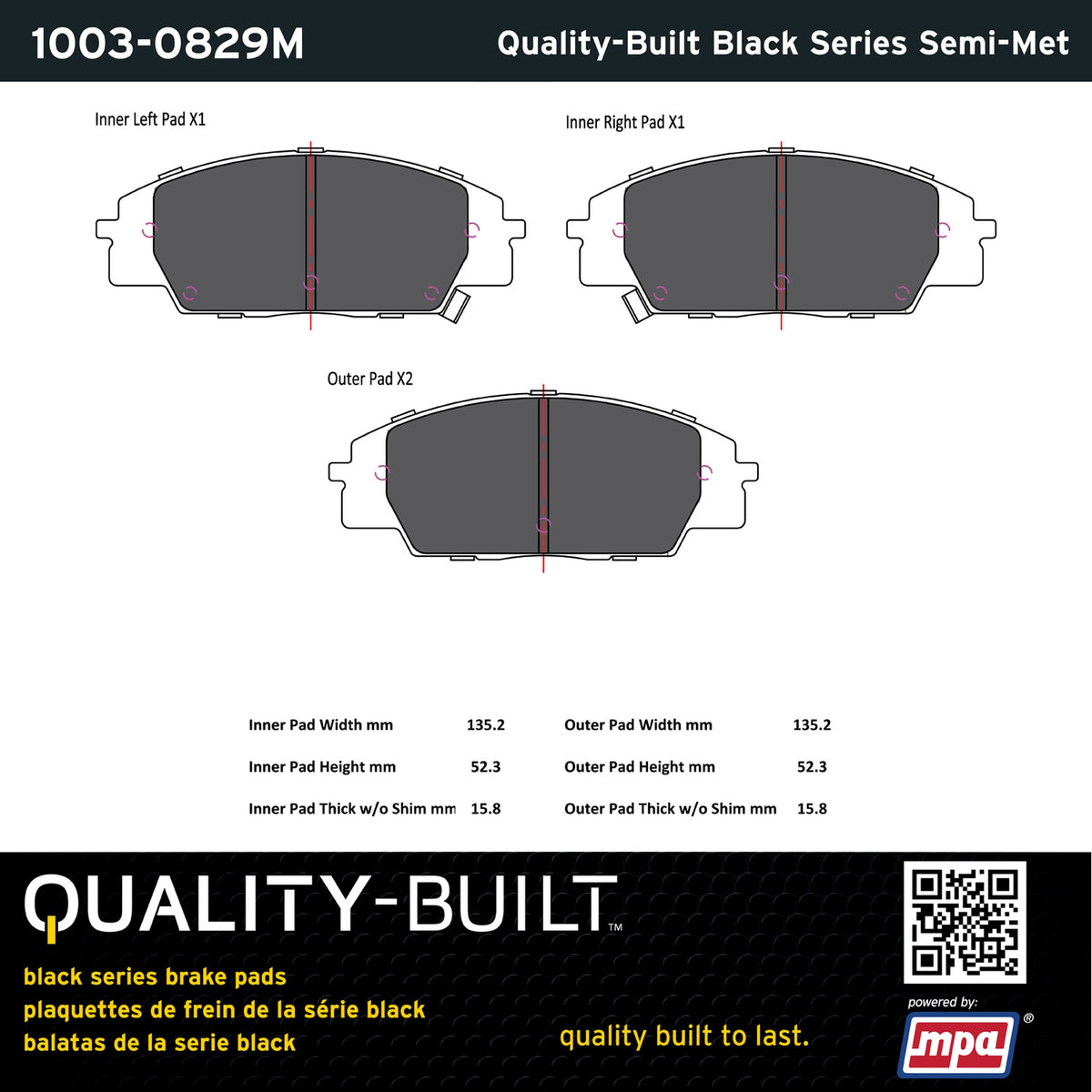 Quality-Built Black Series Semi-Metallic Brake Pads 1003-0829M