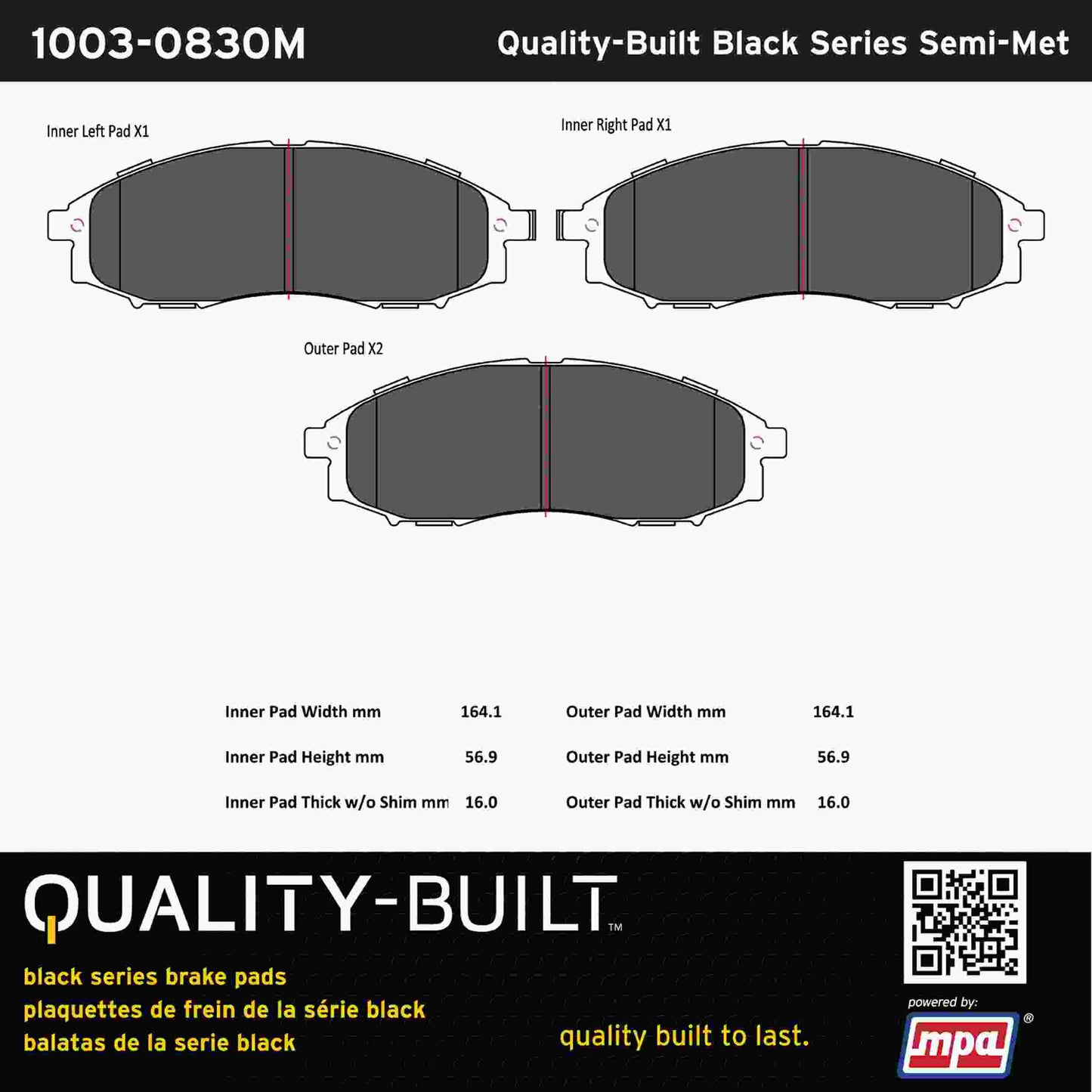 Quality-Built Black Series Semi-Metallic Brake Pads 1003-0830M
