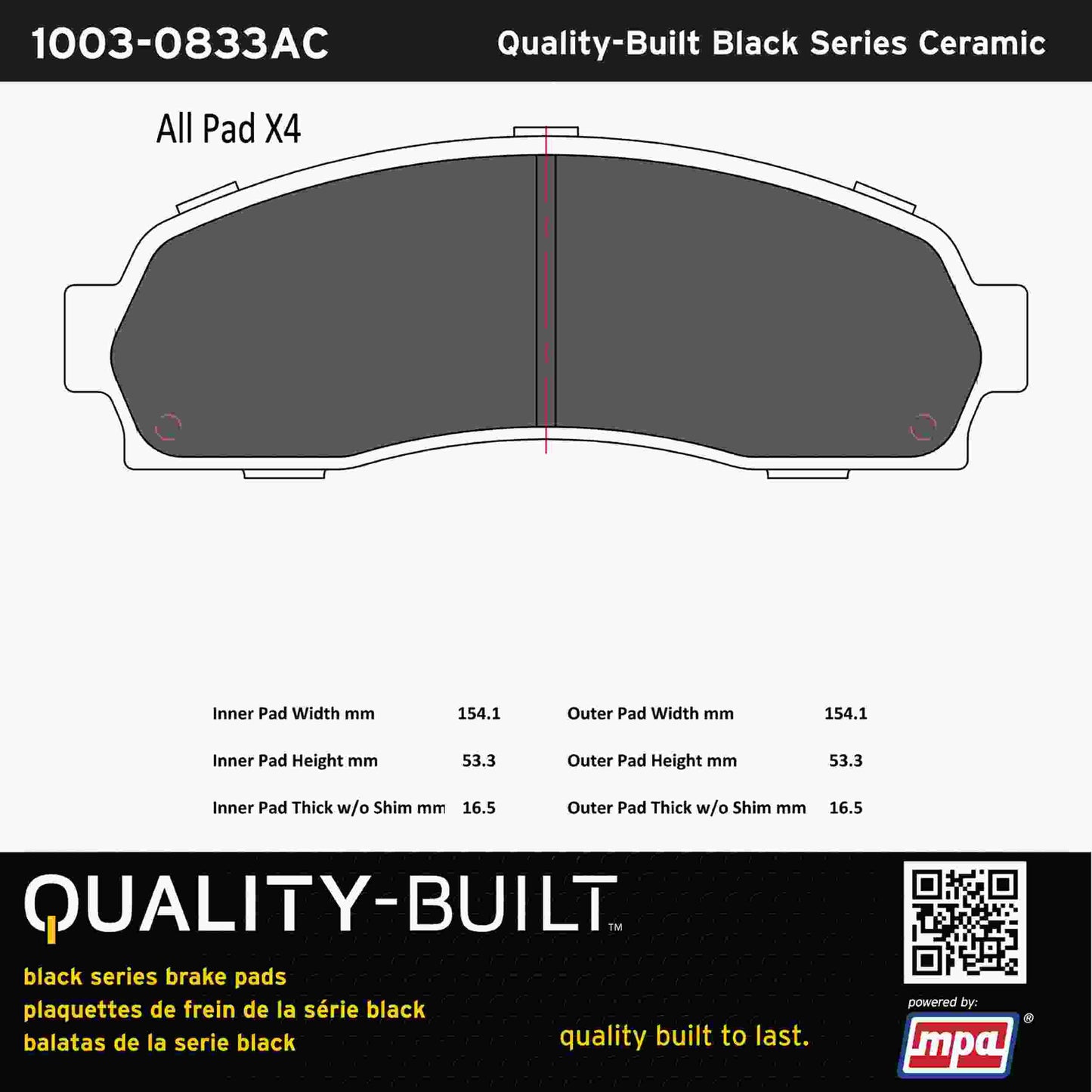 Quality-Built Black Series Ceramic Brake Pads 1003-0833AC