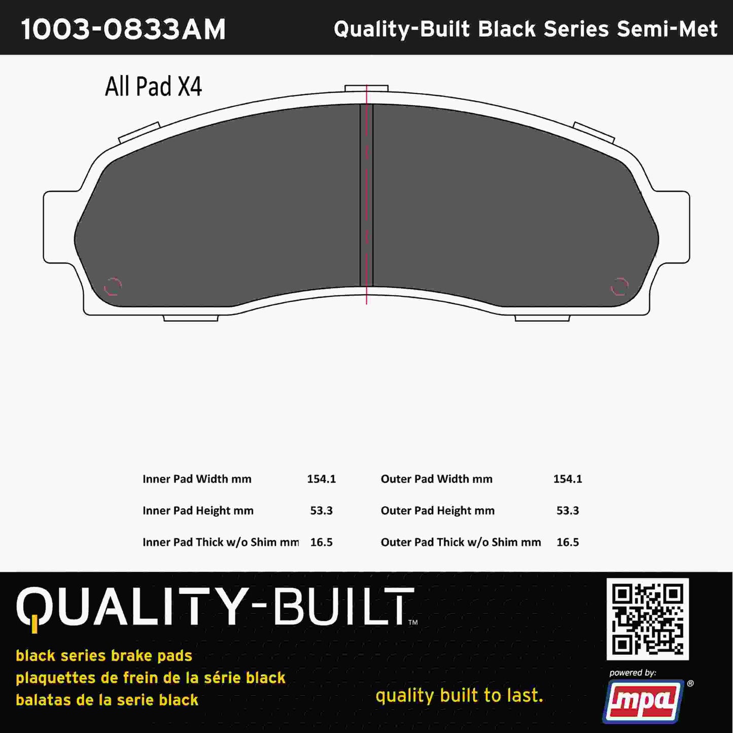 Quality-Built Black Series Semi-Metallic Brake Pads 1003-0833AM