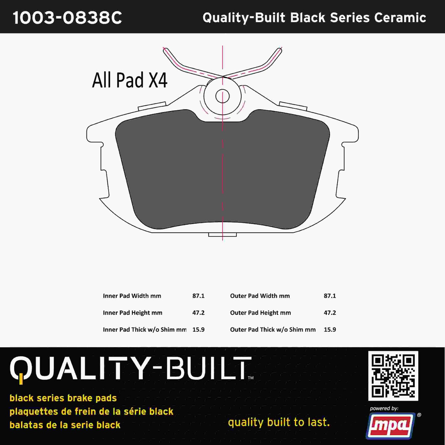 Quality-Built Black Series Ceramic Brake Pads 1003-0838C