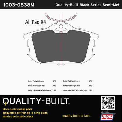 Quality-Built Black Series Semi-Metallic Brake Pads 1003-0838M