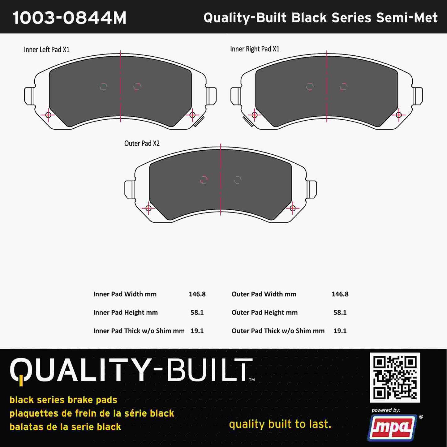 Quality-Built Black Series Semi-Metallic Brake Pads 1003-0844M