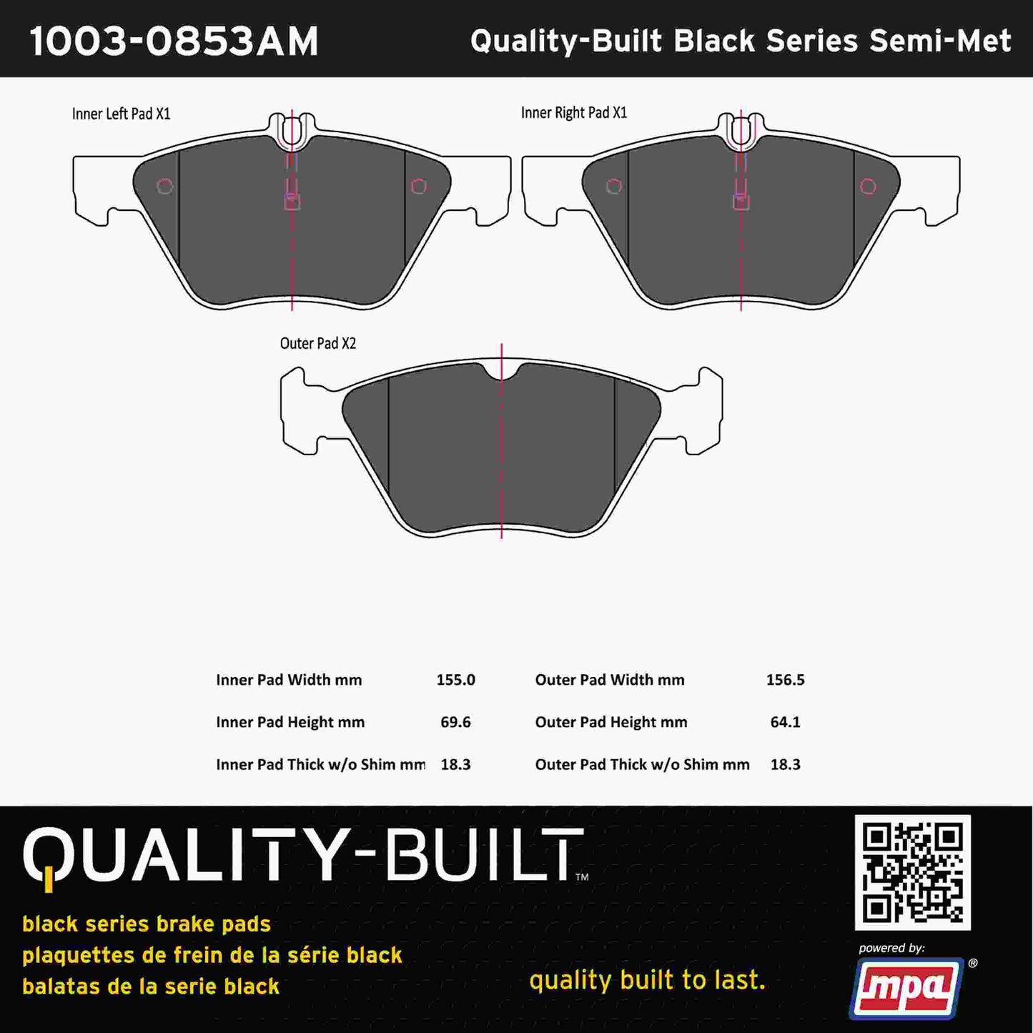 Quality-Built Black Series Semi-Metallic Brake Pads 1003-0853AM
