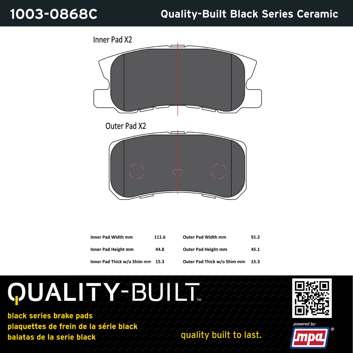 Quality-Built Black Series Ceramic Brake Pads 1003-0868C