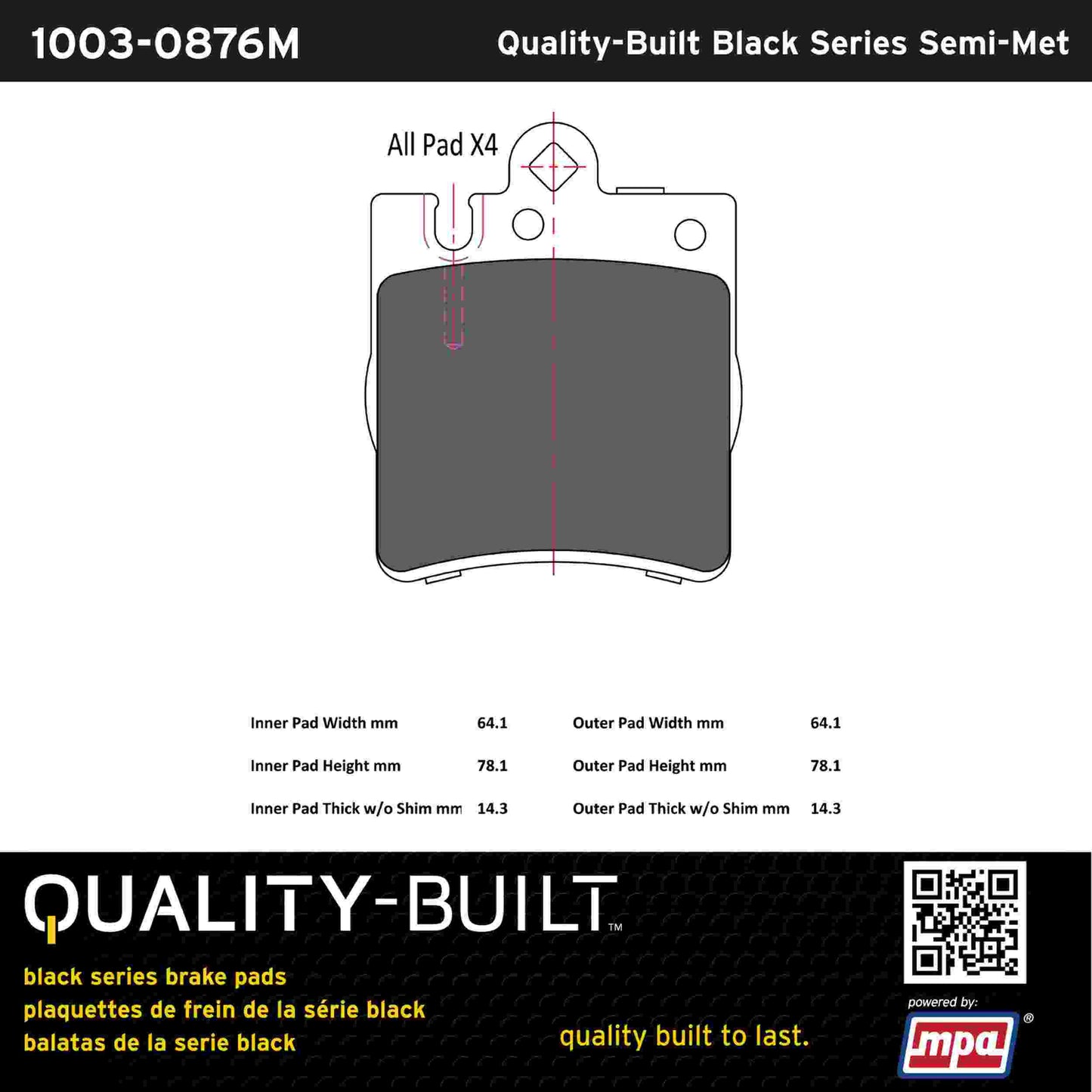 Quality-Built Black Series Semi-Metallic Brake Pads 1003-0876M