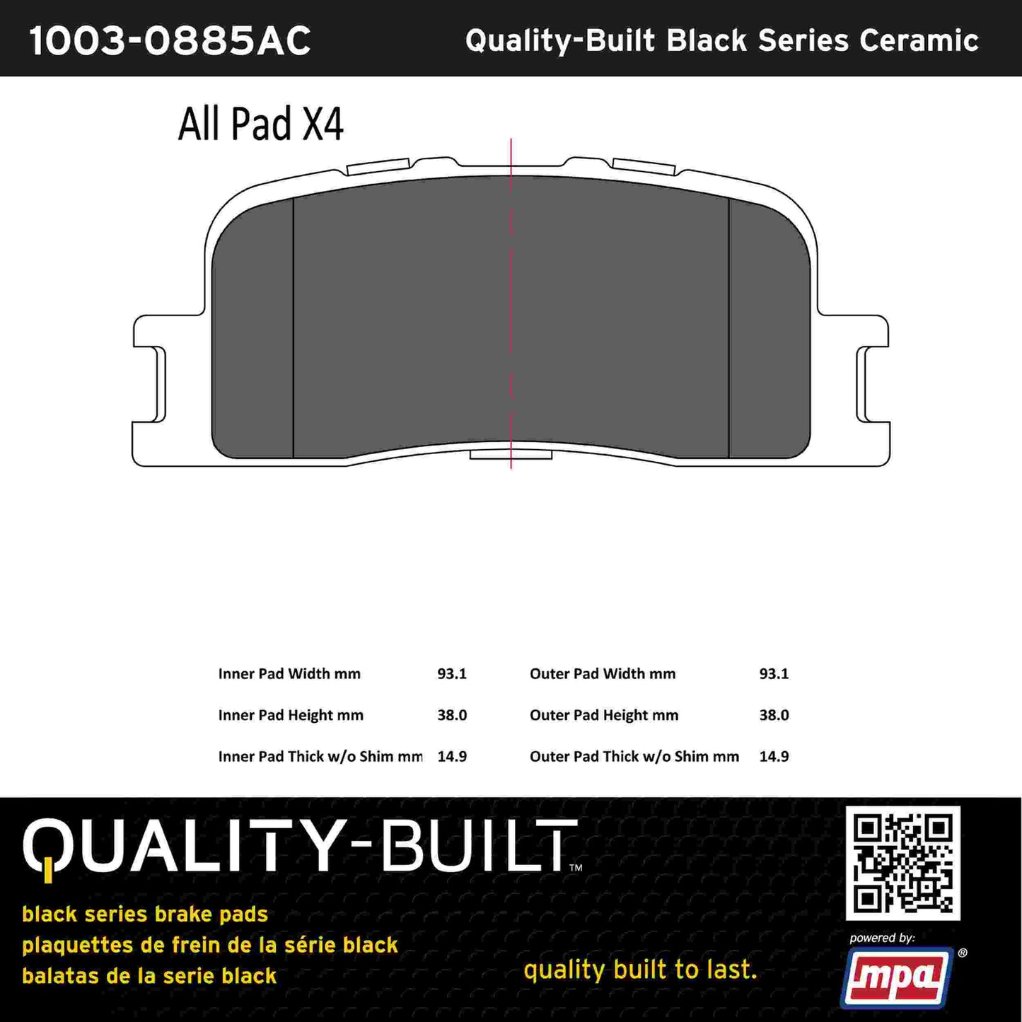 Quality-Built Black Series Ceramic Brake Pads 1003-0885AC