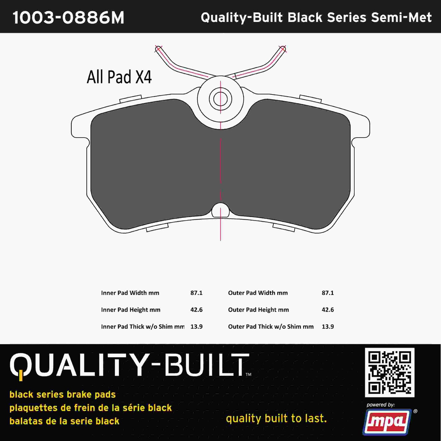 Quality-Built Black Series Semi-Metallic Brake Pads 1003-0886M