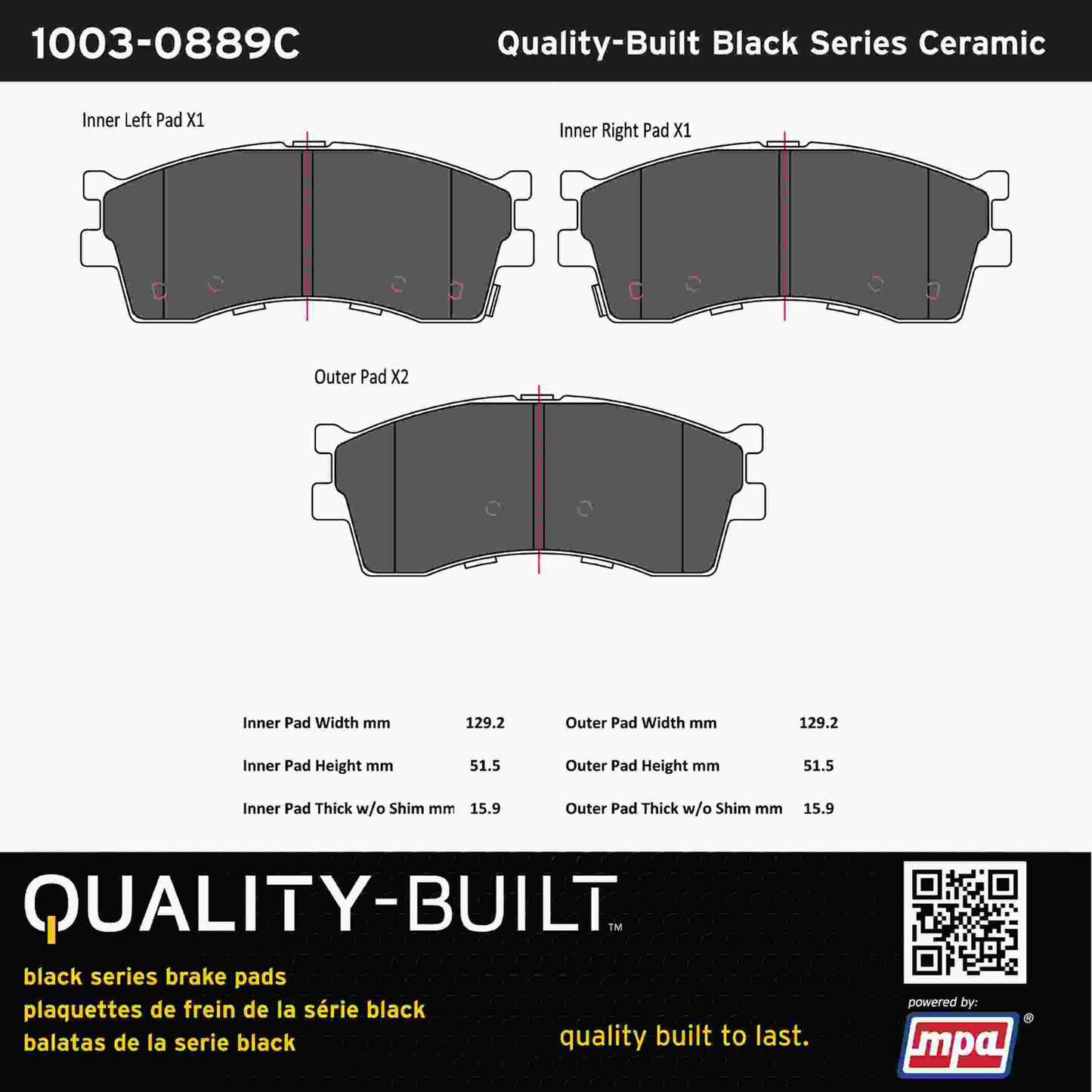 Quality-Built Black Series Ceramic Brake Pads 1003-0889C