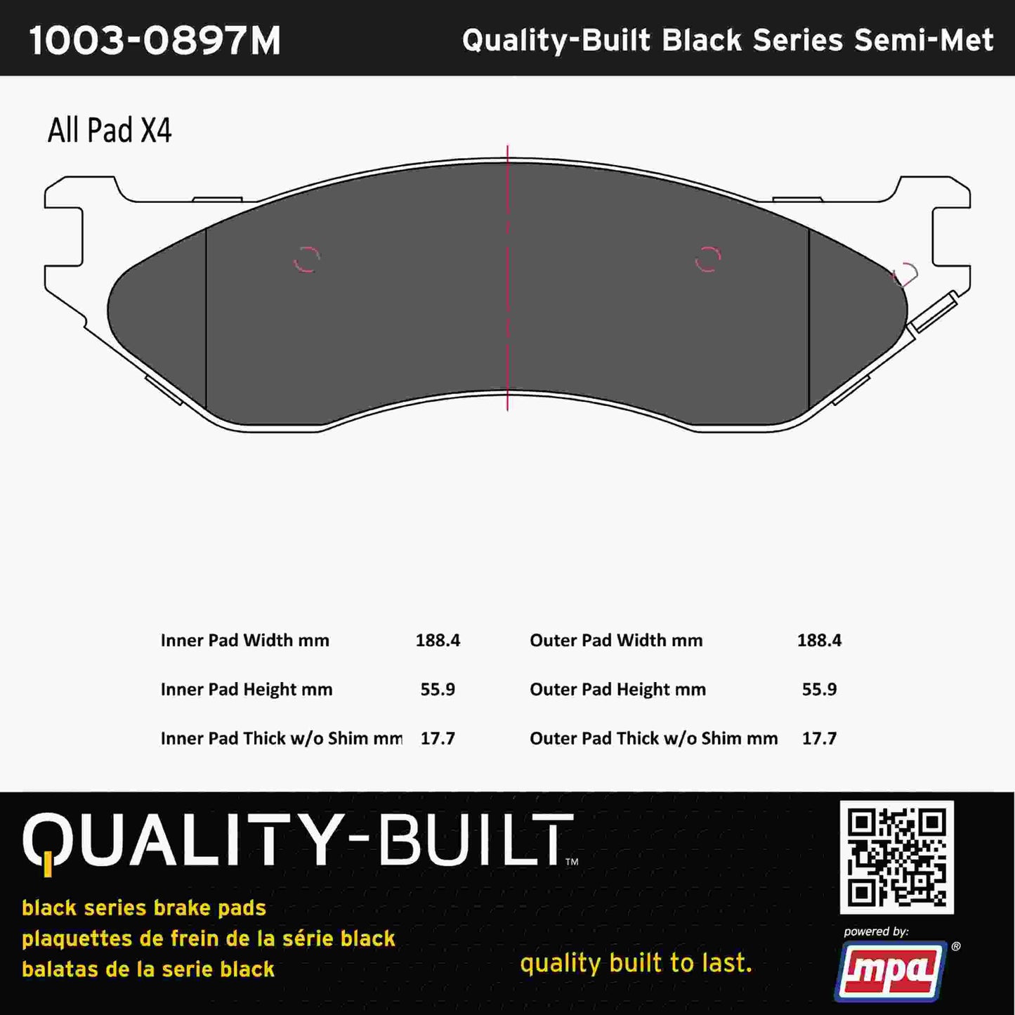Quality-Built Black Series Semi-Metallic Brake Pads 1003-0897M
