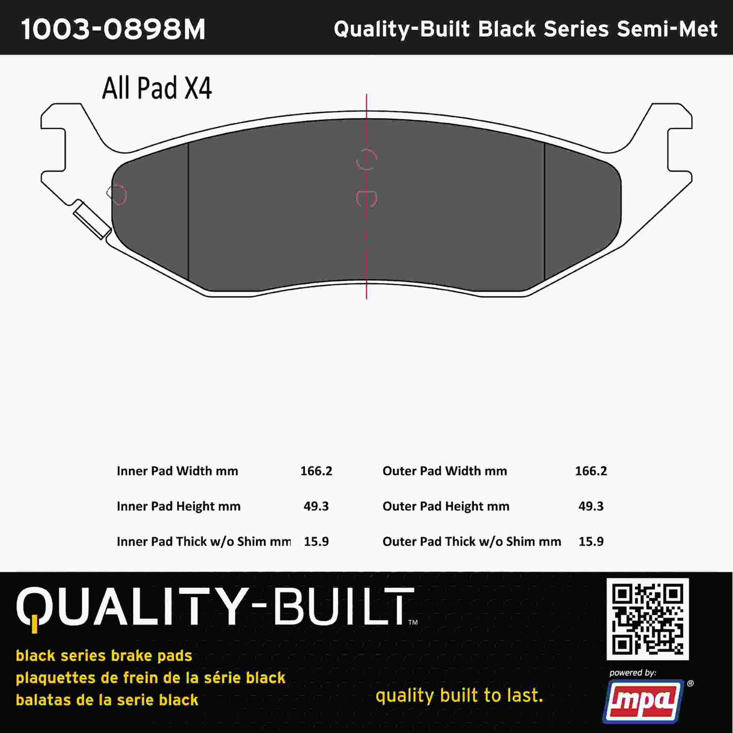 Quality-Built Black Series Semi-Metallic Brake Pads 1003-0898M