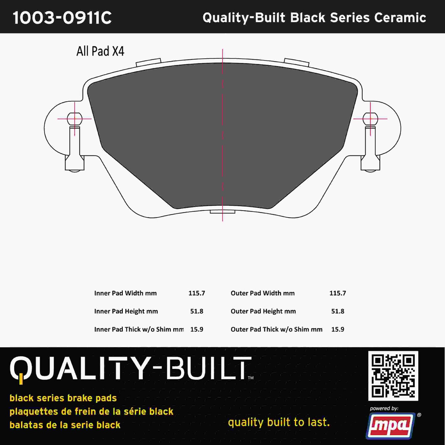 Quality-Built Black Series Ceramic Brake Pads 1003-0911C