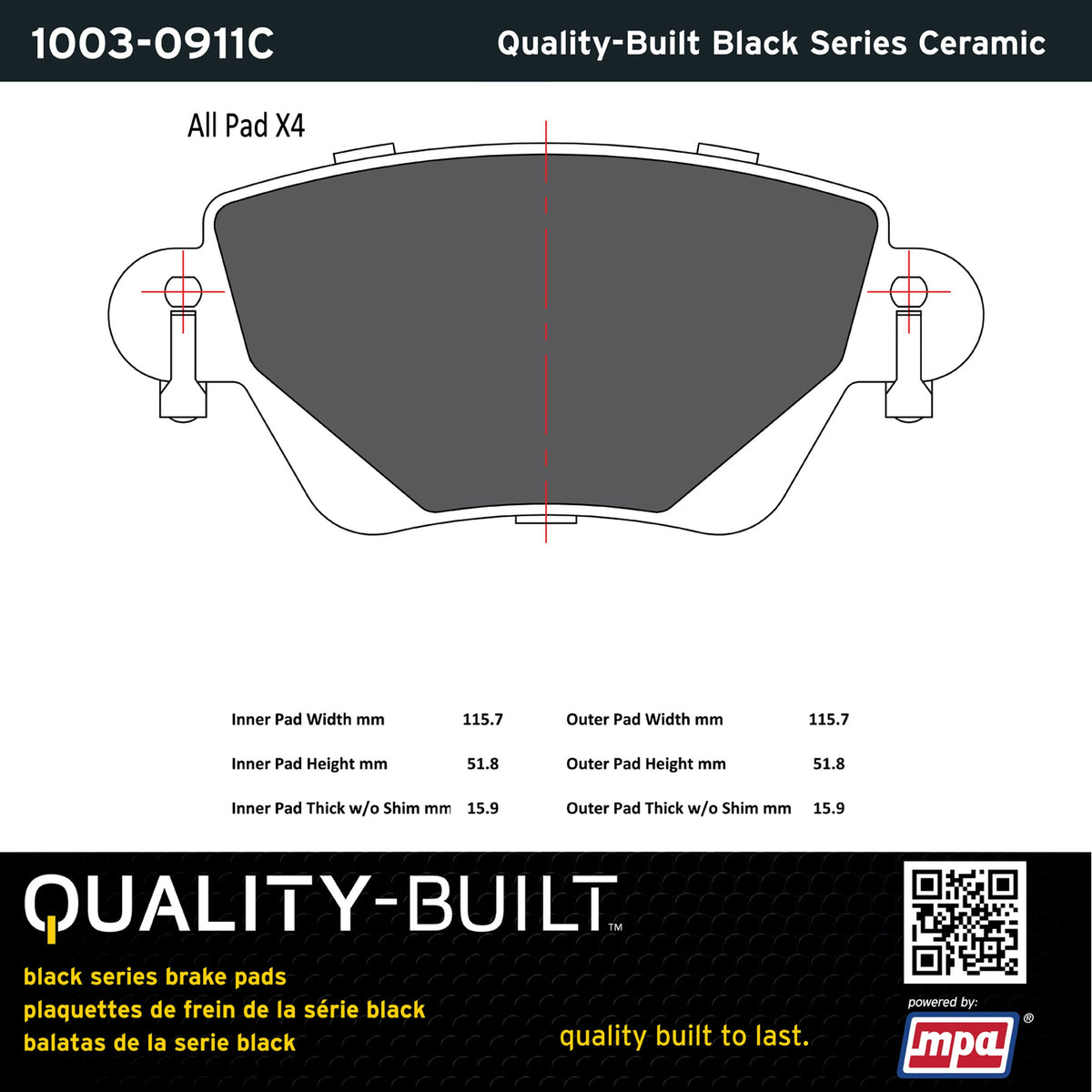 Quality-Built Black Series Ceramic Brake Pads 1003-0911C
