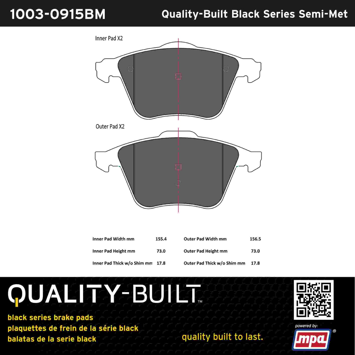 Quality-Built Black Series Semi-Metallic Brake Pads 1003-0915BM