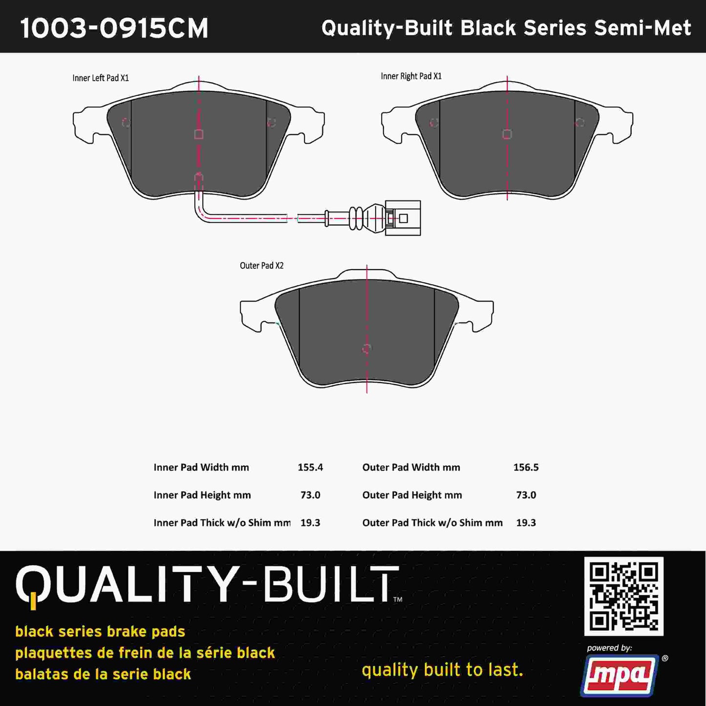 Quality-Built Black Series Semi-Metallic Brake Pads 1003-0915CM