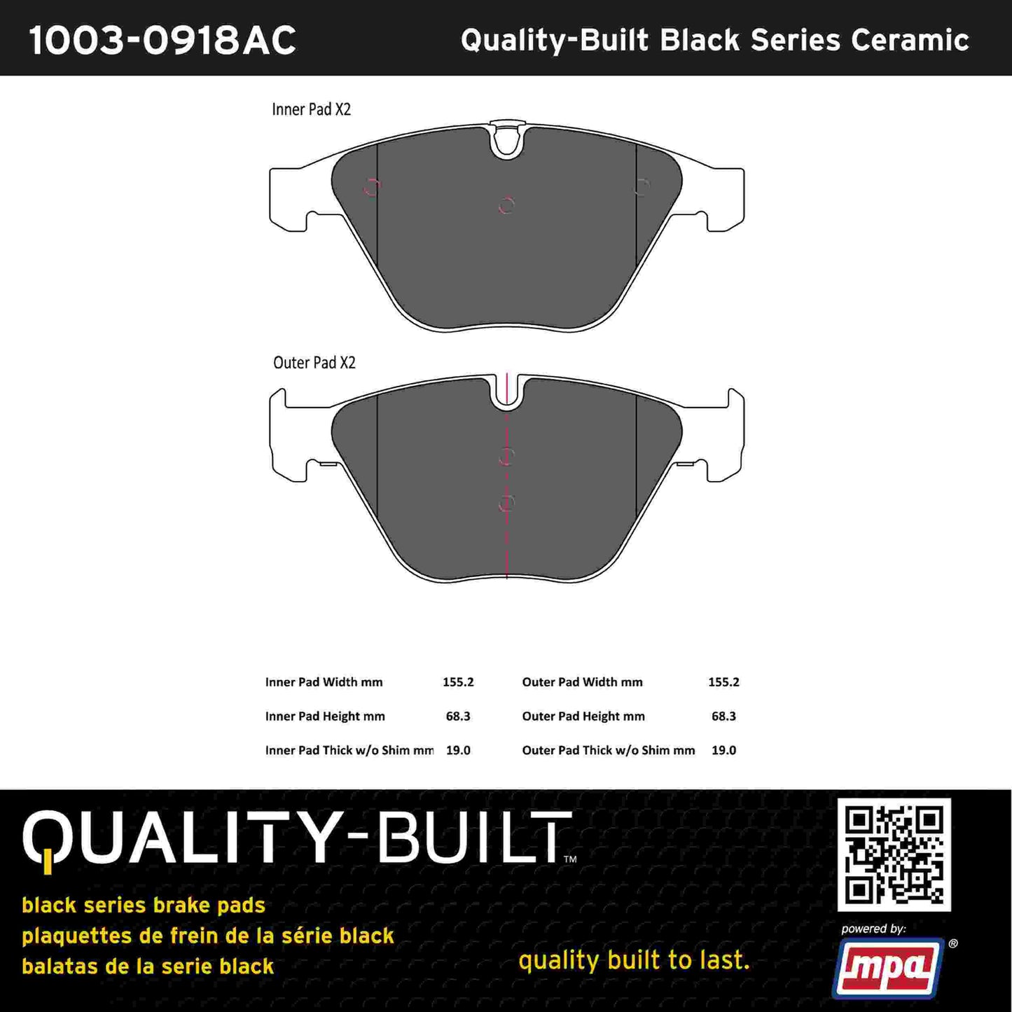 Quality-Built Black Series Ceramic Brake Pads 1003-0918AC