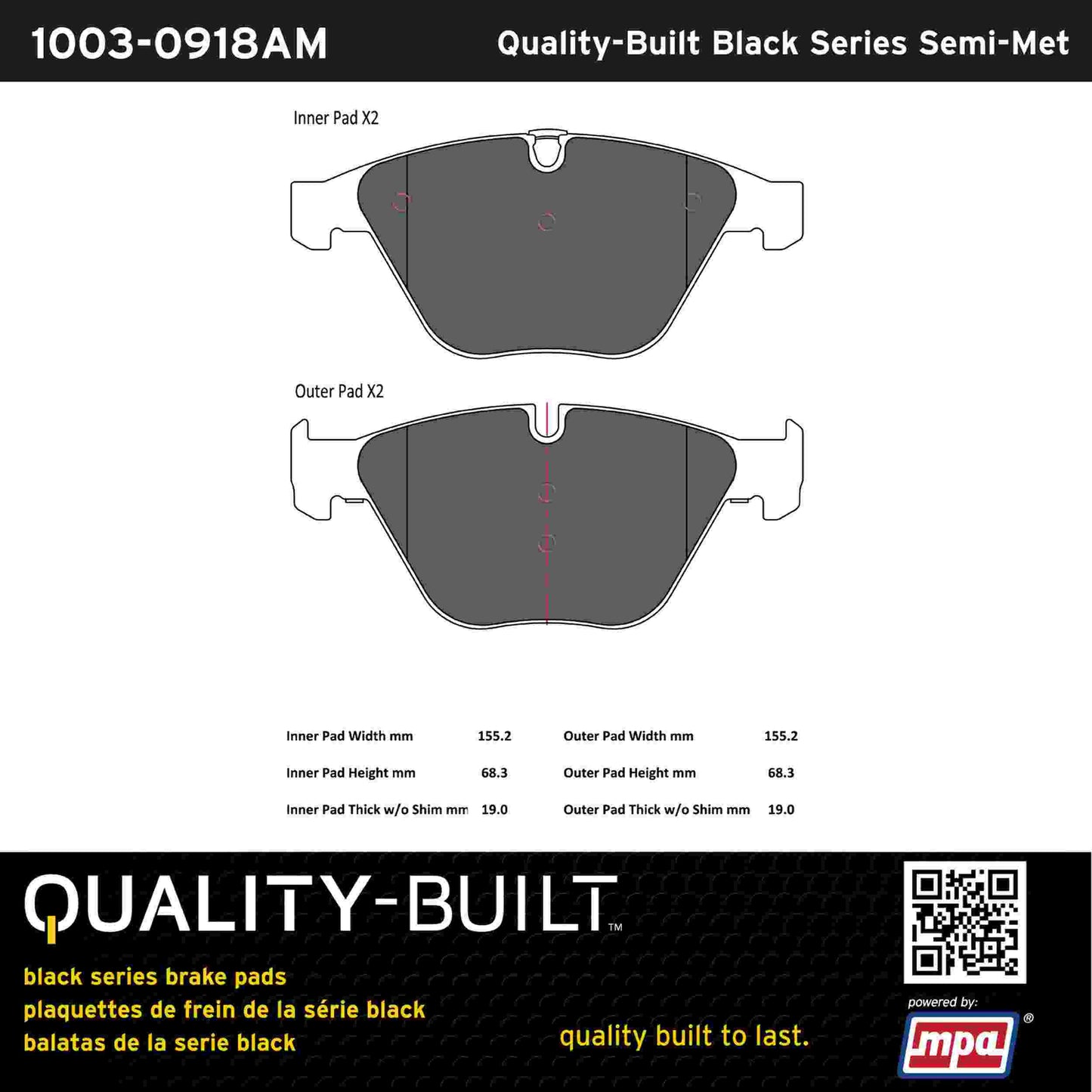 Quality-Built Black Series Semi-Metallic Brake Pads 1003-0918AM