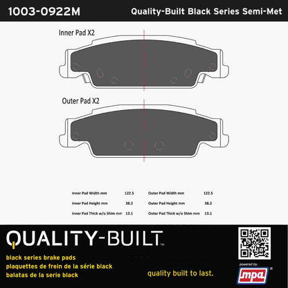 Quality-Built Black Series Semi-Metallic Brake Pads 1003-0922M