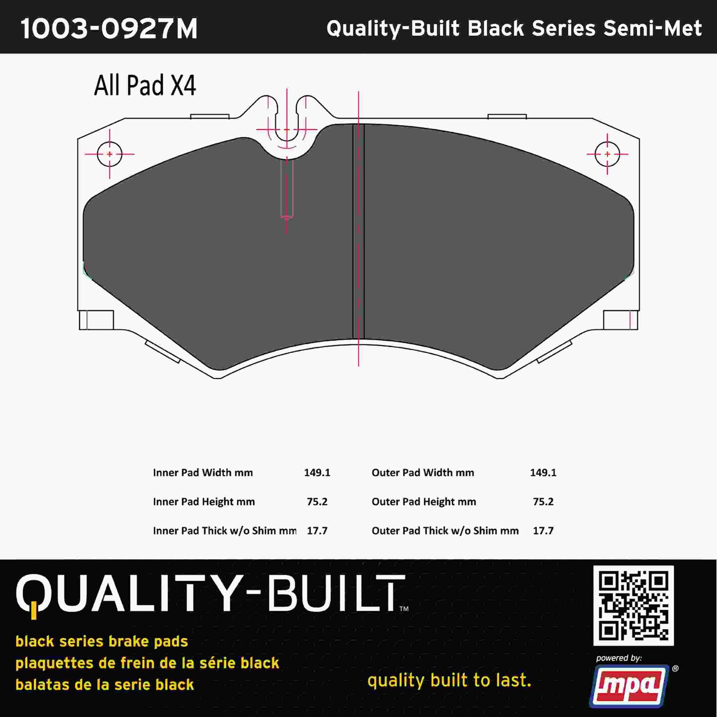 Quality-Built Black Series Semi-Metallic Brake Pads 1003-0927M