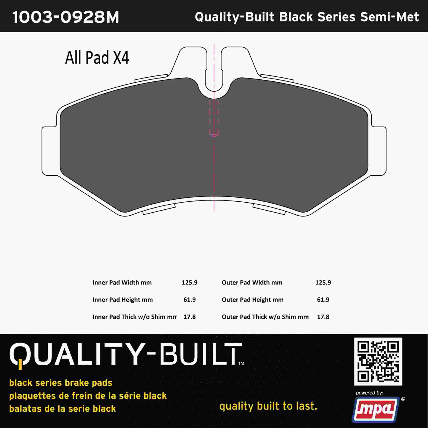 Quality-Built Black Series Semi-Metallic Brake Pads 1003-0928M