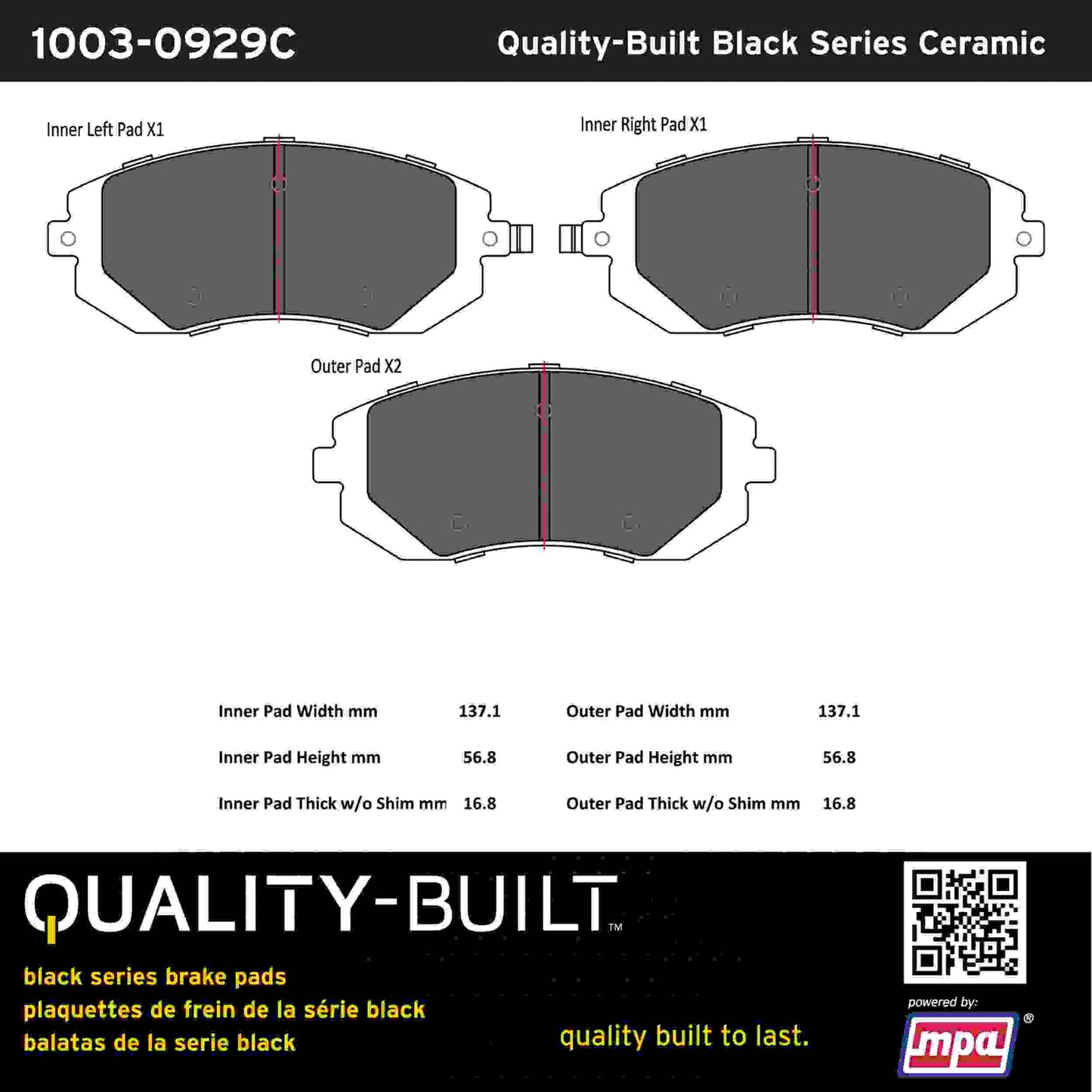 Quality-Built Black Series Ceramic Brake Pads 1003-0929C