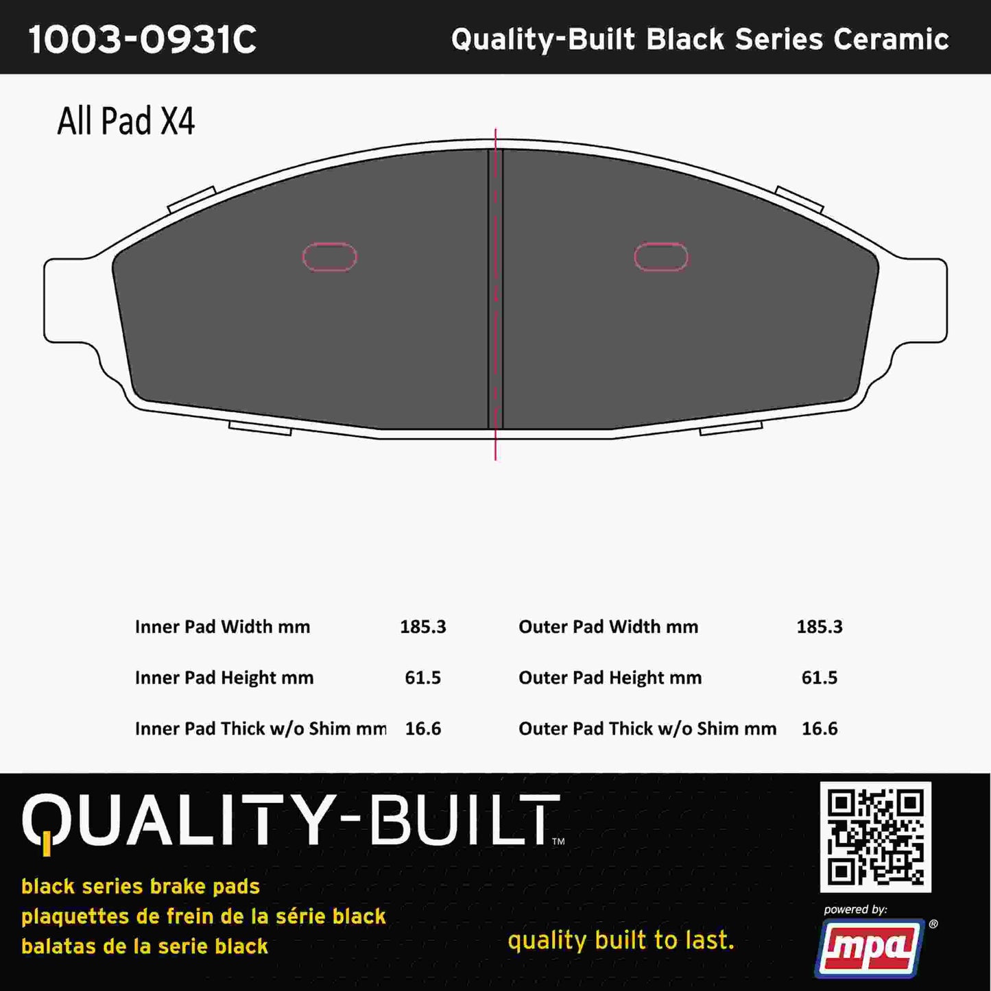 Quality-Built Black Series Ceramic Brake Pads 1003-0931C