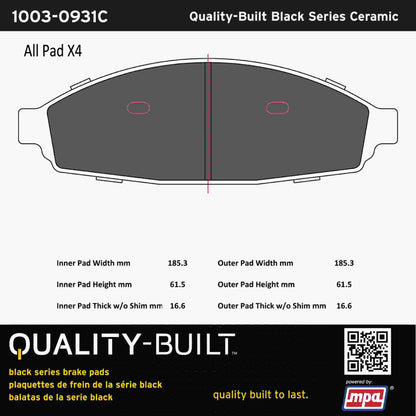 Quality-Built Black Series Ceramic Brake Pads 1003-0931C