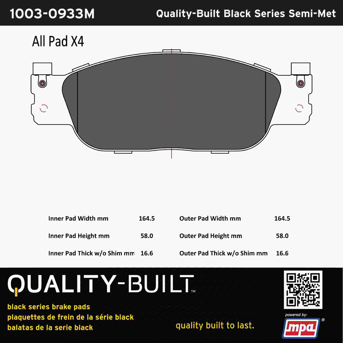 Quality-Built Black Series Semi-Metallic Brake Pads 1003-0933M