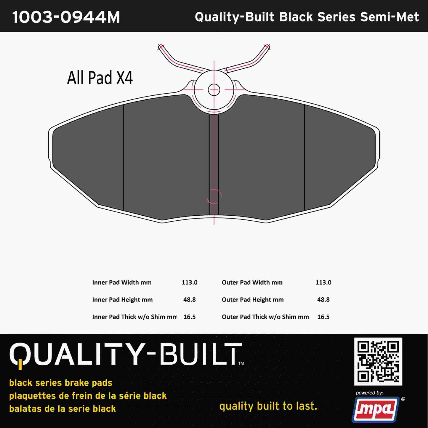 Quality-Built Black Series Semi-Metallic Brake Pads 1003-0944M