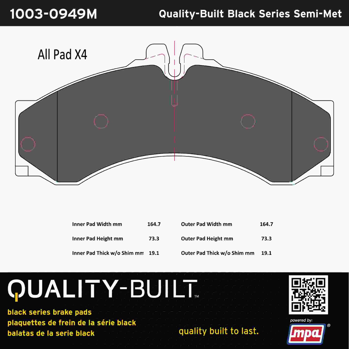 Quality-Built Black Series Semi-Metallic Brake Pads 1003-0949M