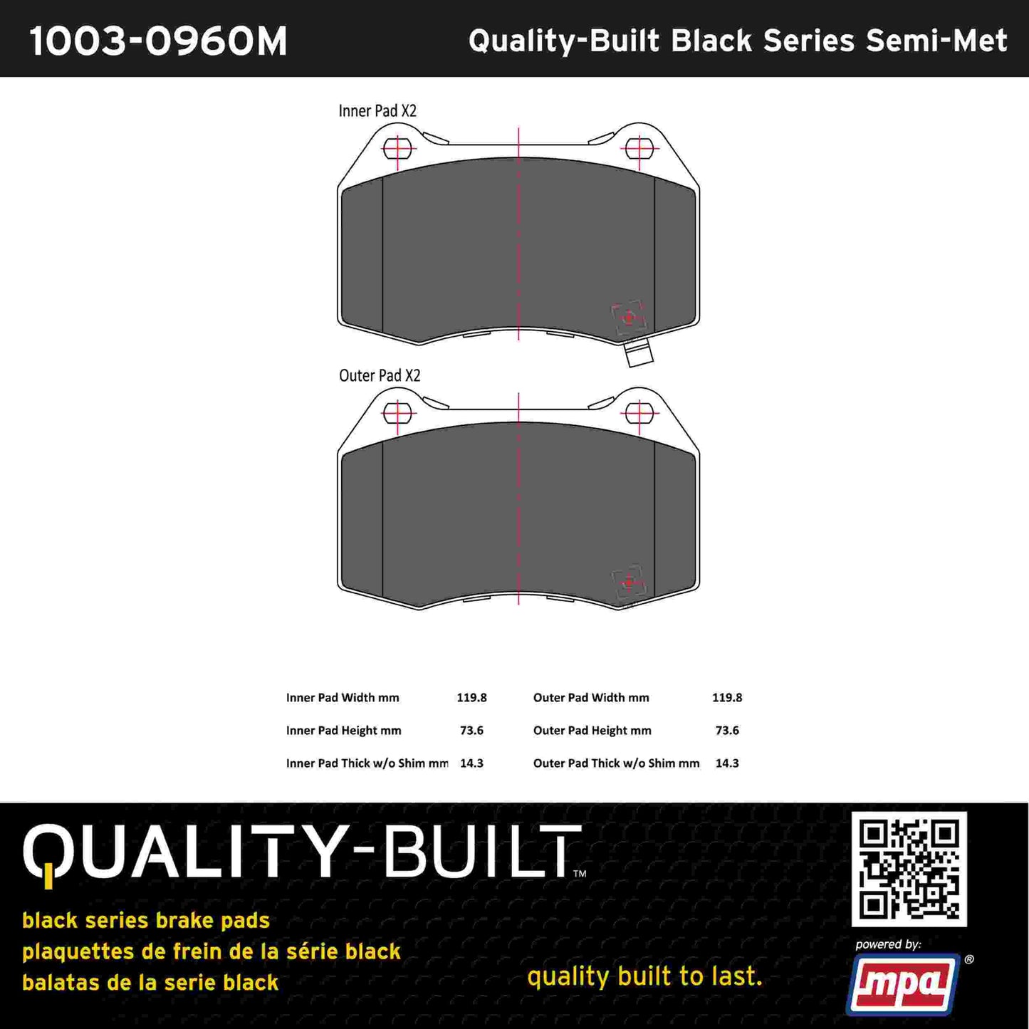 Quality-Built Black Series Semi-Metallic Brake Pads 1003-0960M